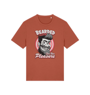 brown funny offensive t-shirt featuring a man smiling and the text 'bearded for her pleasure'