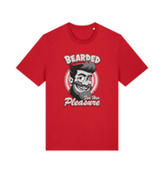 red funny offensive t-shirt featuring a man smiling and the text 'bearded for her pleasure'