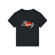 Black matching t-shirt with 'Beauty' and red lips design 