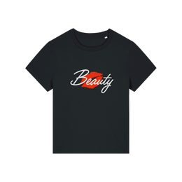 Black matching t-shirt with 'Beauty' and red lips design 