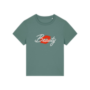 green matching t-shirt with 'Beauty' and red lips design 