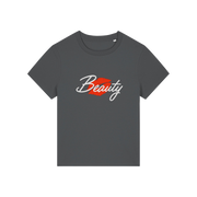 grey matching t-shirt with 'Beauty' and red lips design 