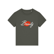 khaki matching t-shirt with 'Beauty' and red lips design 