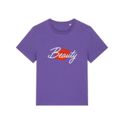 purple matching t-shirt with 'Beauty' and red lips design 