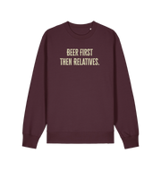red brown christmas slogan sweater with 'beer first then relatives'