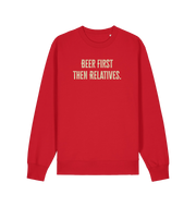 red christmas slogan sweater with 'beer first then relatives'