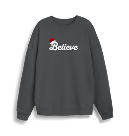 grey christmas sweate with the slogan 'believe' and a santa hat on top of the b