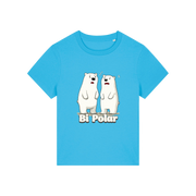 blue funny animal t-shirt with cartoon polar bears and the slogan 'Bi Polar' 
