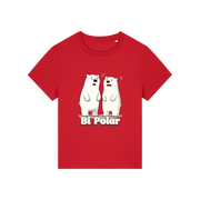 red funny animal t-shirt with cartoon polar bears and the slogan 'Bi Polar' 