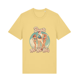 yellow christmas t-shirt with the graphic of santa stood between two women and the slogan 'oats and ho ho ho's'