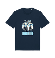 navy funny animal t-shirt with graphic of sea birds and the text 'i love boobies' 