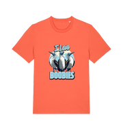 orange funny animal t-shirt with graphic of sea birds and the text 'i love boobies' 
