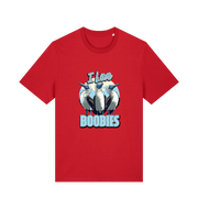 red funny animal t-shirt with graphic of sea birds and the text 'i love boobies' 