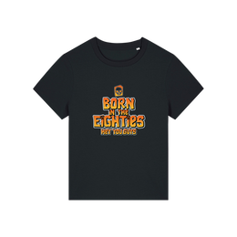 black geek tee with the slogan 'born in the eighties hey you guys'