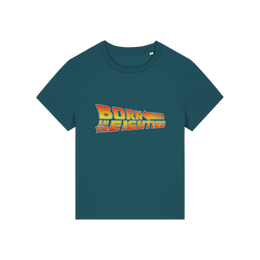 teal geek tee with the slogan 'born in the eighties'