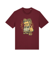 burgundy funny offensive t-shirt with the graphic of a man and the text 'she came for the b and stayed for the d'