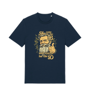 navy funny offensive t-shirt with the graphic of a man and the text 'she came for the b and stayed for the d'