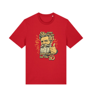 red funny offensive t-shirt with the graphic of a man and the text 'she came for the b and stayed for the d'