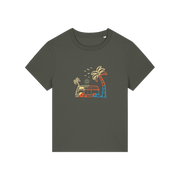 khaki graphic t-shirt with a campervan and palm tree