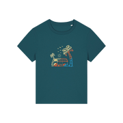 teal graphic t-shirt with a campervan and palm tree