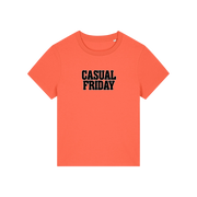orange slogan t-shirt that reads 'casual friday'
