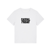 white slogan t-shirt that reads 'casual friday'