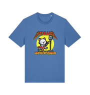 blue music t-shirt with the graphic of a cat playing the guitar