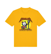 yellow music t-shirt with the graphic of a cat playing the guitar