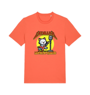 orange music t-shirt with the graphic of a cat playing the guitar