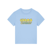 light blue slogan t-shirt with 'chaos coordinator'