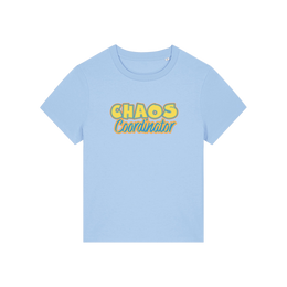 light blue slogan t-shirt with 'chaos coordinator'