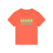 orange slogan t-shirt with 'chaos coordinator'