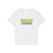 white slogan t-shirt with 'chaos coordinator'