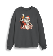 grey christmas sweater with the graphic of santa raising a pint and the slogan 'cheers fuckers'