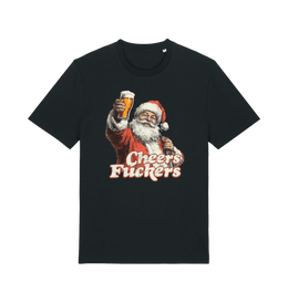 black christmas t-shirt with the graphic of santa raising a pint and the slogan 'cheers fuckers'