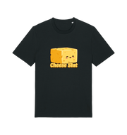 Black graphic t-shirt with a cartoon cheese block and 'Cheese Slut' text 