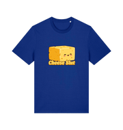 Blue graphic t-shirt with a cartoon cheese block and 'Cheese Slut' text 