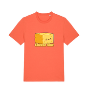 Orange graphic t-shirt with a cartoon cheese design and 'Cheese Slut' text 