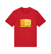 Red graphic t-shirt with a cartoon cheese design and 'Cheese Slut' text 