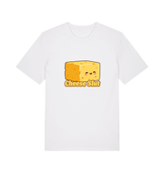 White graphic t-shirt with a cartoon cheese design and 'Cheese Slut' text 