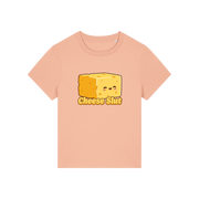 peach funny offensive t-shirt with the graphic of a cartoon cheese and the slogan 'cheese slut'
