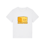white funny offensive t-shirt with the graphic of a cartoon cheese and the slogan 'cheese slut'