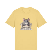 yellow animal t-shirt with a graphic of a chinchilla on an armchair and 'Just Chillin' text.
