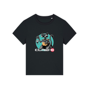black movie t-shirt with the graphic of a robot cat and the slogan 'claw-e'
