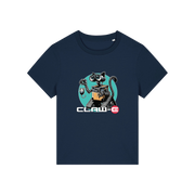 navy movie t-shirt with the graphic of a robot cat and the slogan 'claw-e'