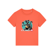 orange movie t-shirt with the graphic of a robot cat and the slogan 'claw-e'
