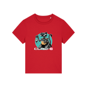 red movie t-shirt with the graphic of a robot cat and the slogan 'claw-e'