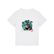 white movie t-shirt with the graphic of a robot cat and the slogan 'claw-e'