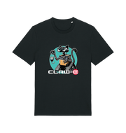 Black movie t-shirt with a robot graphic of a cat and 'CLAW-E' text 
