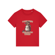 red funny graphic t-shirt with a beaver in an apron and the slogan 'a clean beaver always gets more wood'